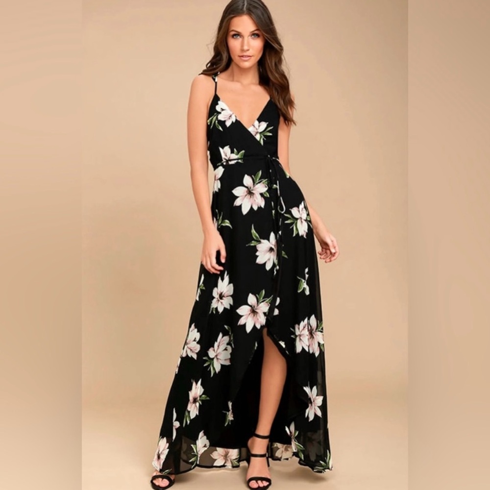 Lulus New With Tags All Mine Black With Floral High Low Wrap Maxi Dress Size L